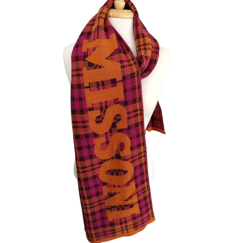 Missoni Pink & Orange Plaid LARGE LOGO SPELL-OUT Wool-Blend Scarf 12"x82"